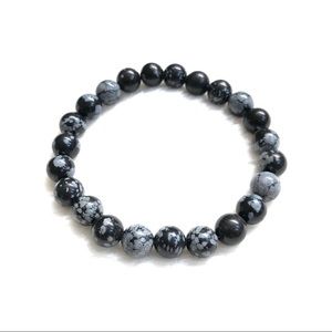 Snowflake Obsidian Beaded Stretch Bracelet - Black & Gray